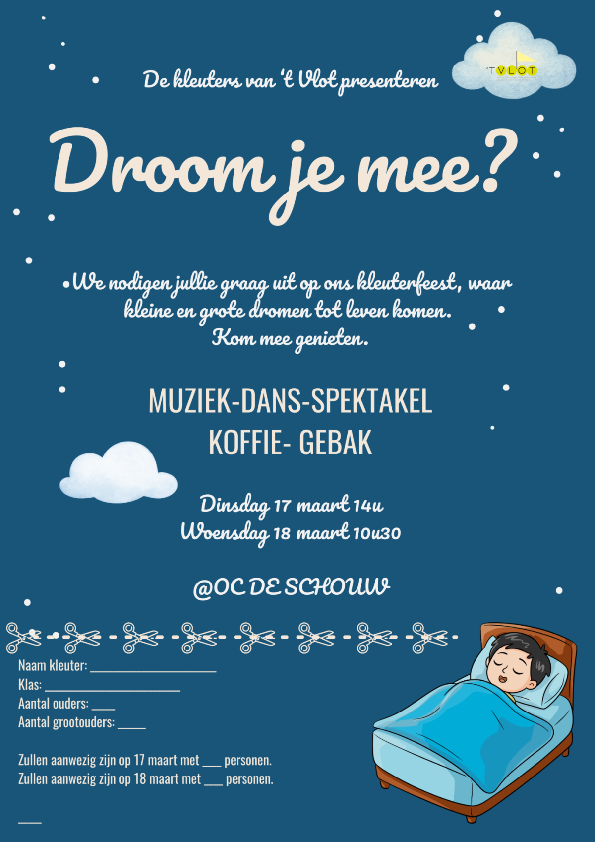 De kleuters van ’t Vlot nodigen je uit voor een magisch optreden vol muziek en dans. Kom mee genieten ☁️🎶